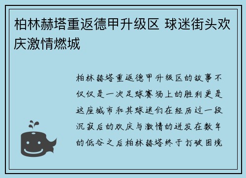 柏林赫塔重返德甲升级区 球迷街头欢庆激情燃城