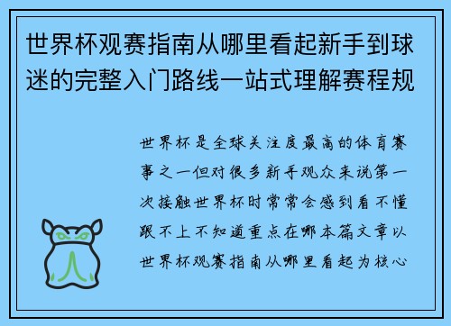 世界杯观赛指南从哪里看起新手到球迷的完整入门路线一站式理解赛程规则看点